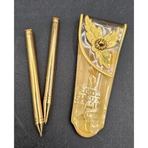Vtg Gold Tone Pen & Pencil Set w/ Yellow Stones In Case Williamsburg VA Souvenir